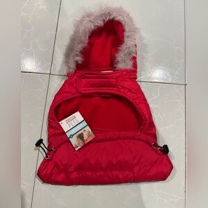 Martha Stewart Red Faux Fur Trim Dog Coat Removable Hoodie